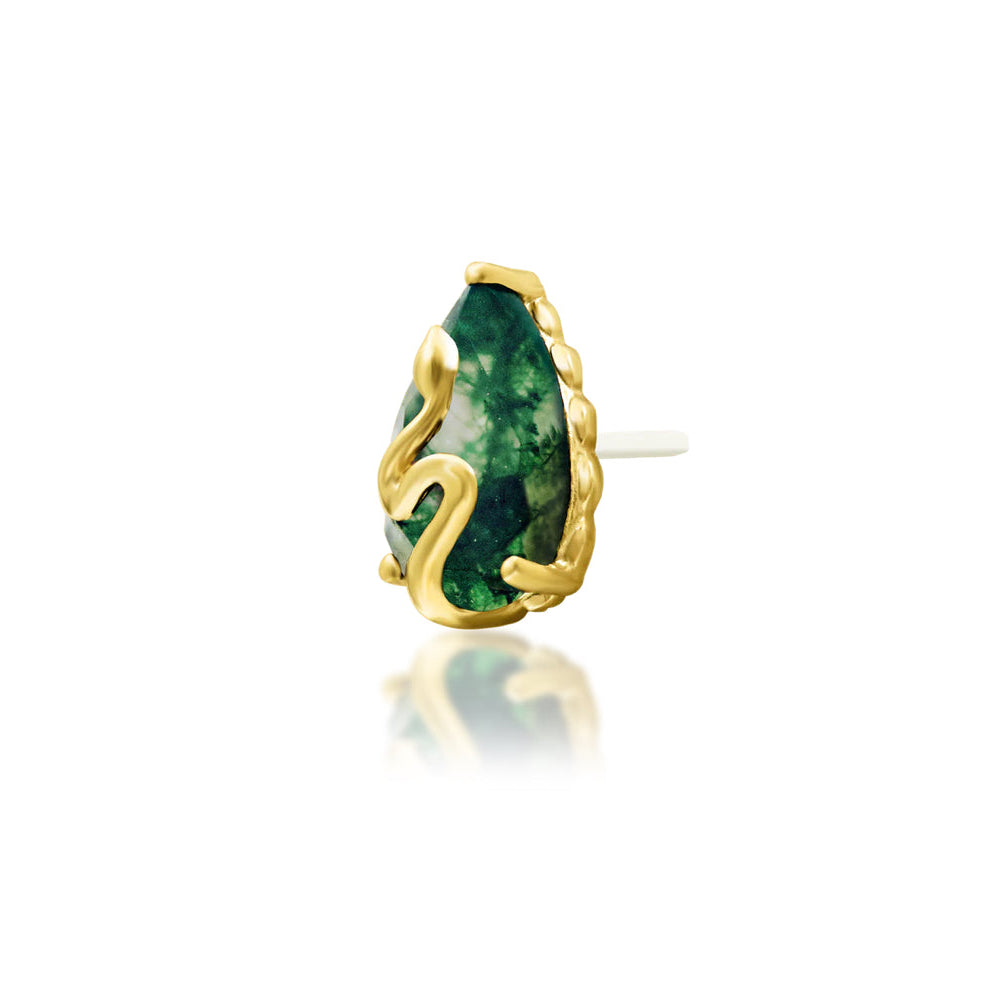 Natural moss agate conch stud in yellow gold with a delicate serpent crossing the gemstone