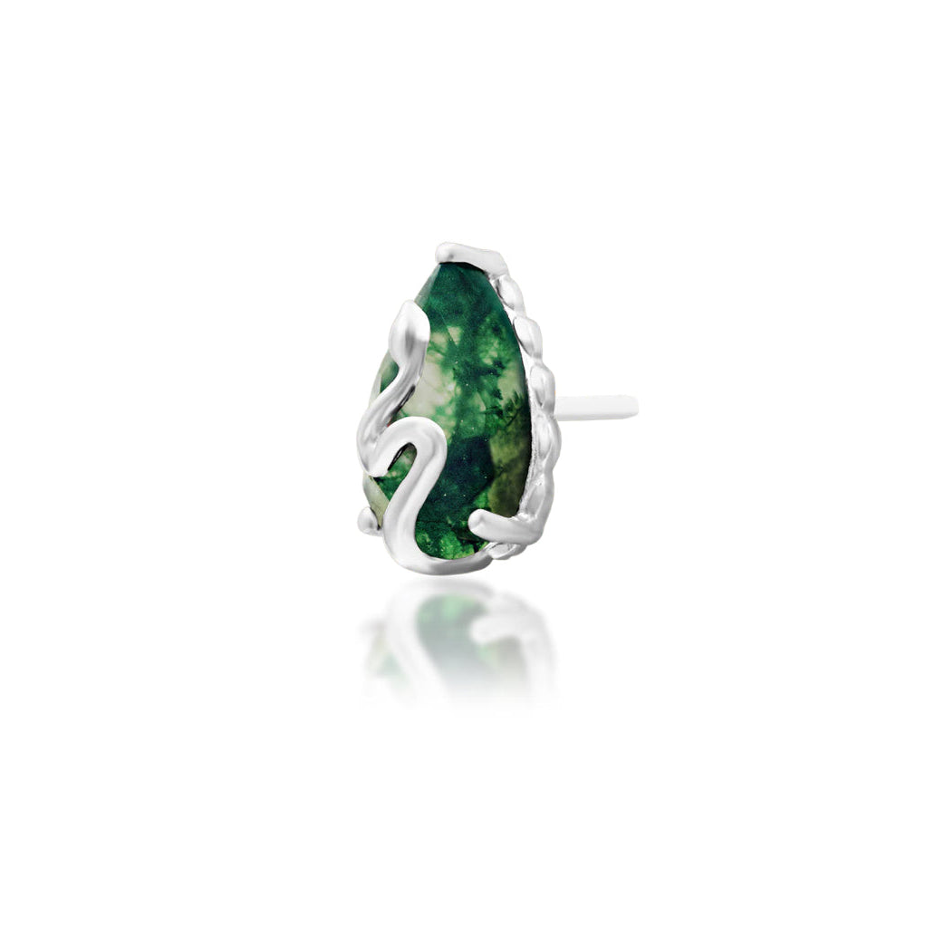 Natural moss agate helix stud in white gold with a layered S-shaped serpent