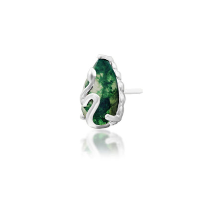Natural moss agate helix stud in white gold with a layered S-shaped serpent