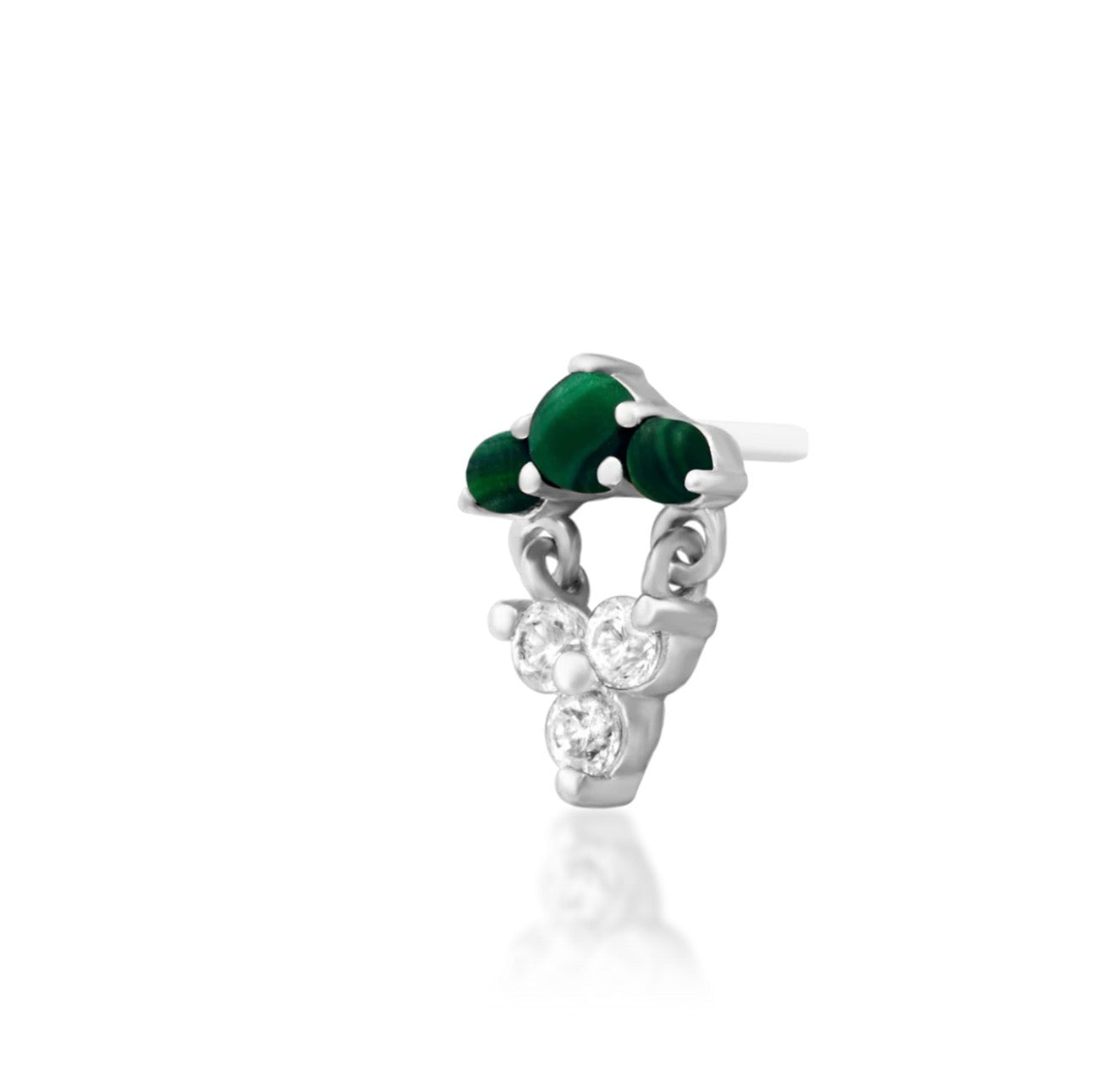 Natural stone conch earring in solid white gold featuring rich green malachite and delicate clear gemstones.