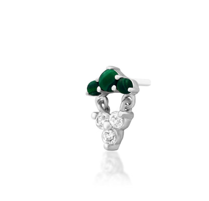 Natural stone conch earring in solid white gold featuring rich green malachite and delicate clear gemstones.