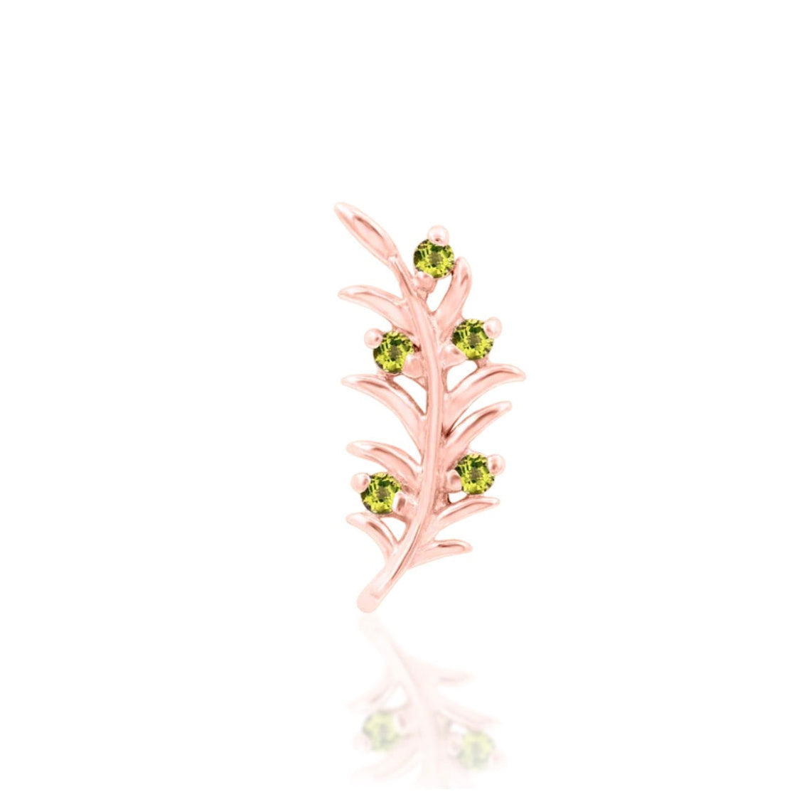 Nature-inspired piercing jewellery in 14k rose gold with a delicate olive branch and green CZ sparkle.