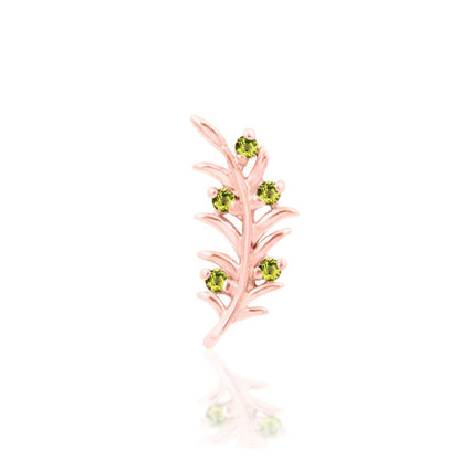 Nature-inspired piercing jewellery in 14k rose gold with a delicate olive branch and green CZ sparkle.