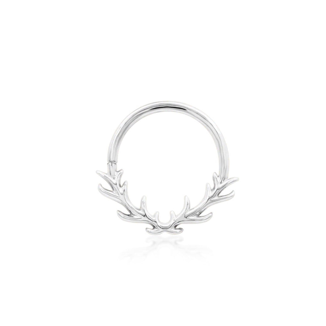 Nature-inspired septum jewellery in 14k white gold, shaped with Raven’s elegant antler motif.