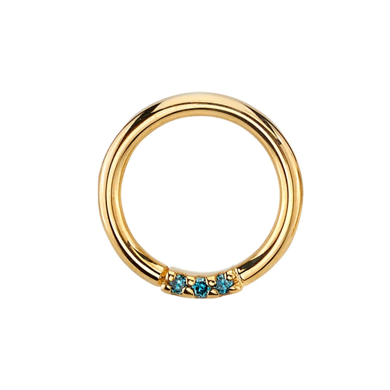 BVLA Blaze 3 gold daith ring with three 1mm Irradiated Ocean Blue Diamond gemstones