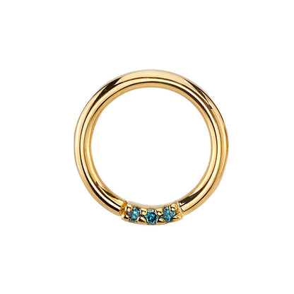 BVLA Blaze 3 gold daith ring with three 1mm Irradiated Ocean Blue Diamond gemstones