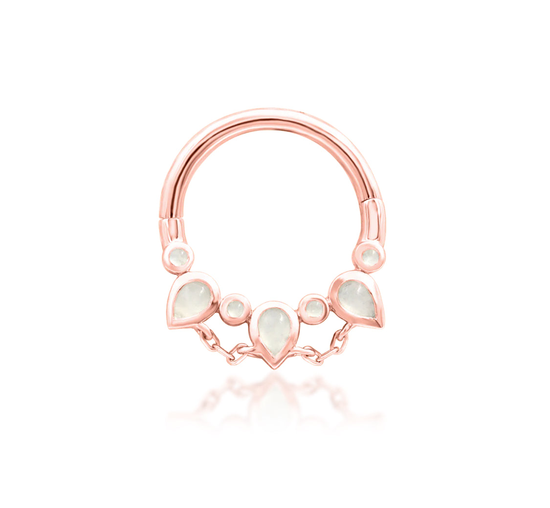 front composition of junipurr catalina moonstone clicker ring in rose gold with celestial inspired aesthetic