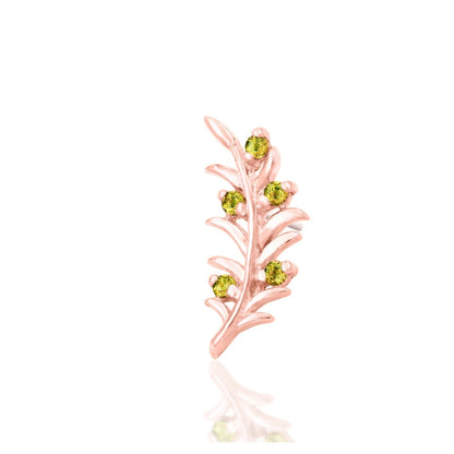 Olive branch jewellery gift in solid rose gold with five green CZ stones and a symbolic botanical motif.