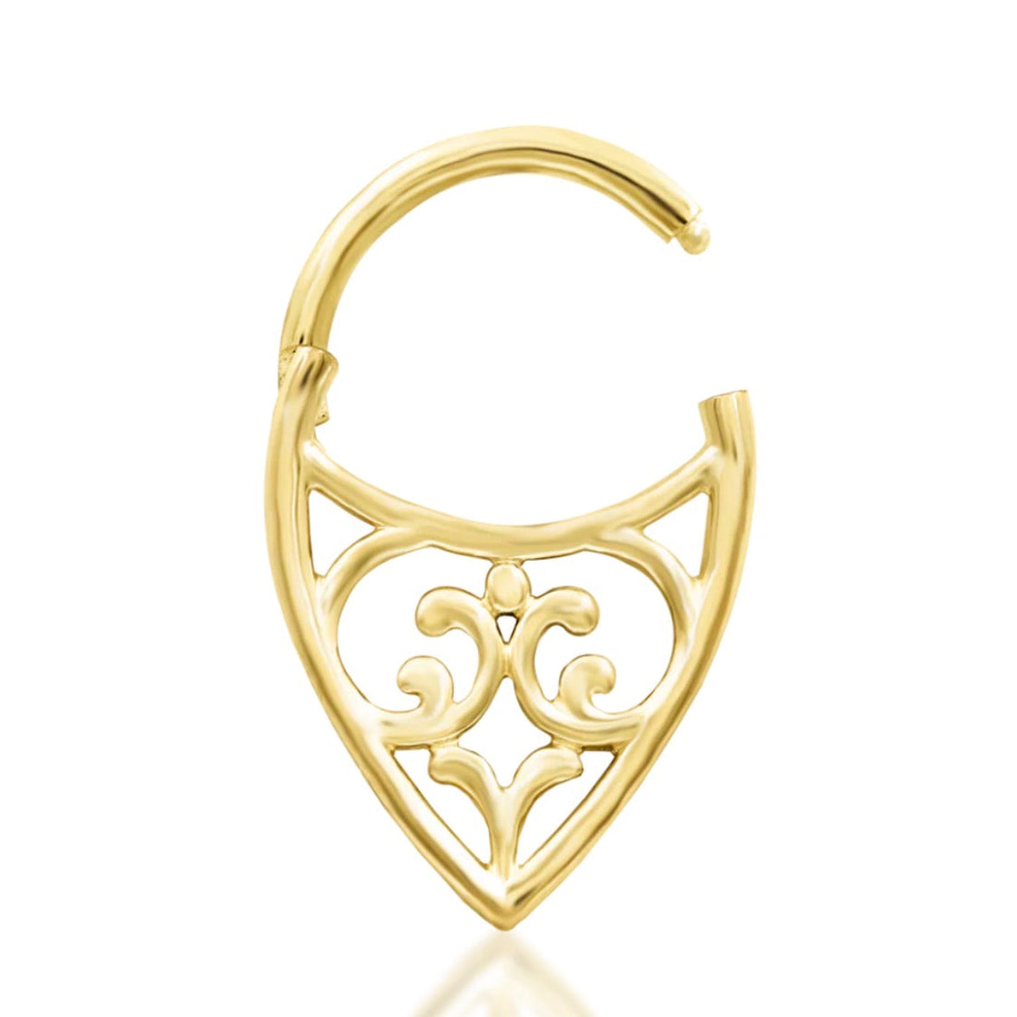 Ornate gold clicker ring in yellow gold, with decorative curves forming the Junipurr Georgia design.