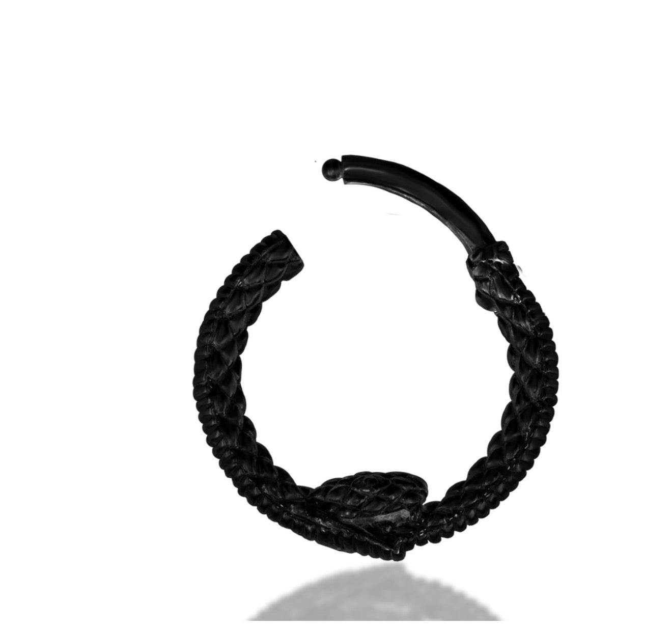 Ouroboros clicker ring in black rhodium 14k gold, showing Junipurr’s circular snake design and textured scales.