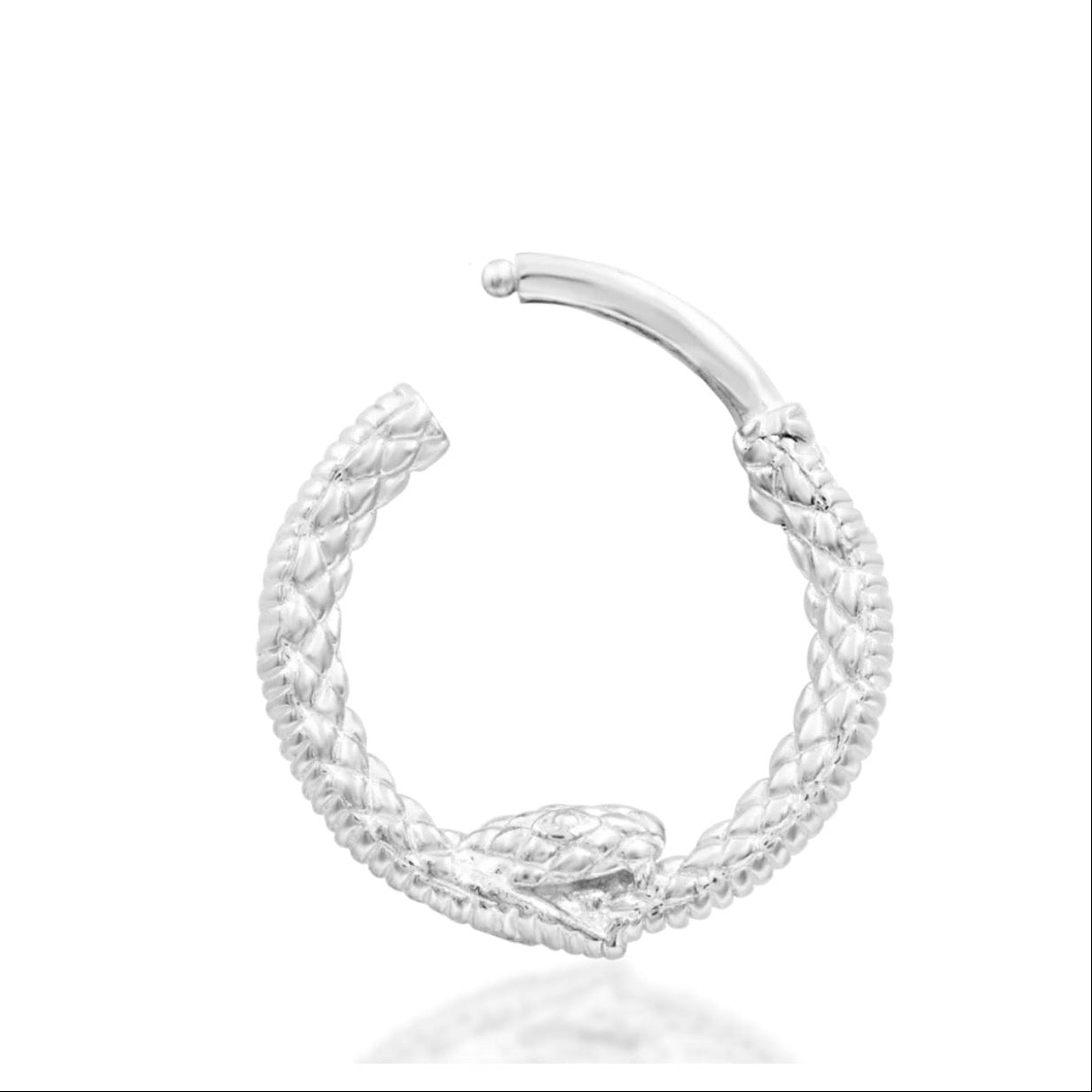 Solid white gold Ouroboros septum clicker symbolising infinity, renewal and transformation