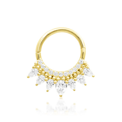 Pear CZ daith ring in 14k yellow gold featuring the crown-inspired Junipurr Magnifique design.