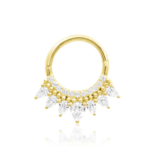 Pear CZ daith ring in 14k yellow gold featuring the crown-inspired Junipurr Magnifique design.