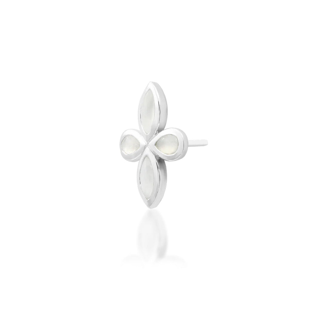 Angled white gold moonstone cluster with an elongated four-petal floral silhouette
