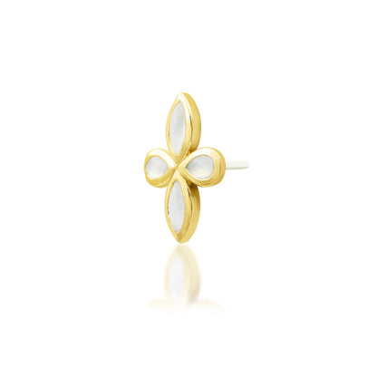  Angled view of a yellow gold cartilage cluster with four luminous pear-shaped moonstones
