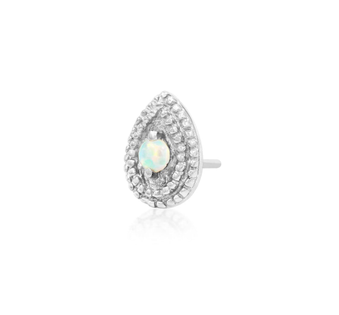 Pear opal conch jewellery in solid 14k white gold with a textured double millgrain frame
