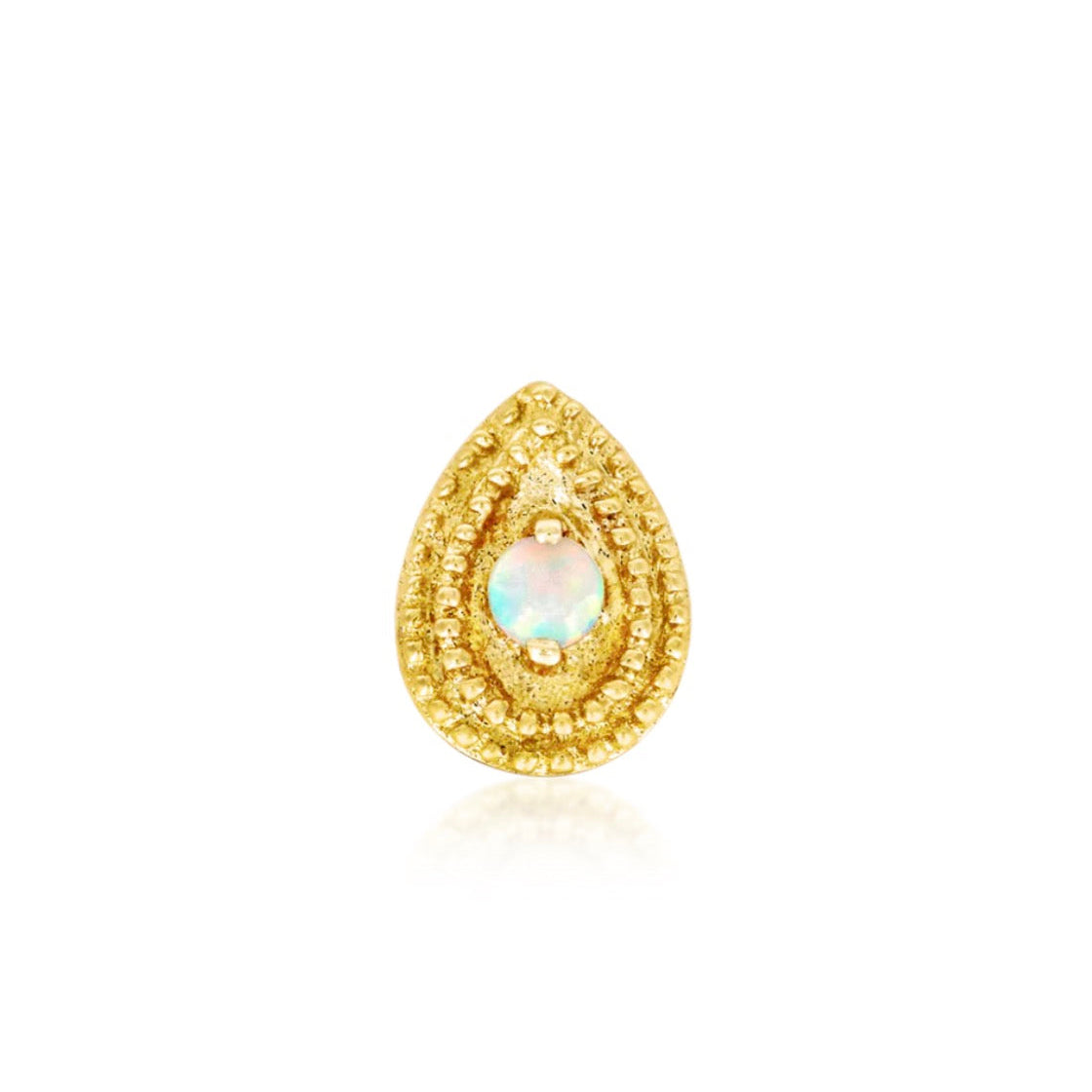 Junipurr Pear Opal Double Millgrain helix earring in solid 14k yellow gold with a pear-shaped synthetic opal