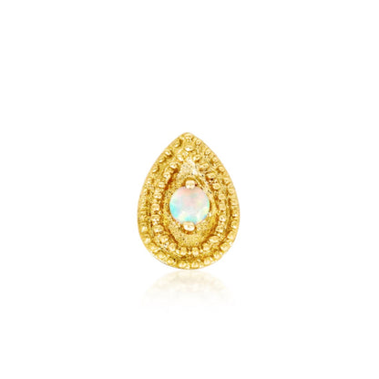Junipurr Pear Opal Double Millgrain helix earring in solid 14k yellow gold with a pear-shaped synthetic opal