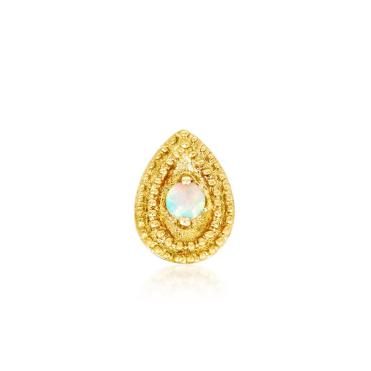 Junipurr Pear Opal Double Millgrain helix earring in solid 14k yellow gold with a pear-shaped synthetic opal