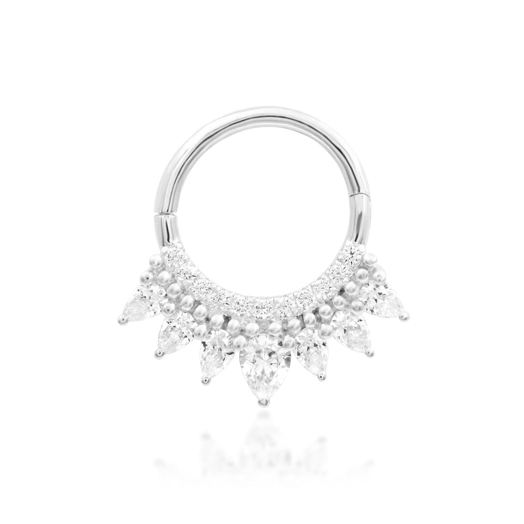 Pear stone septum ring in 14k white gold with the elegant graduated gemstone design of Junipurr Magnifique.