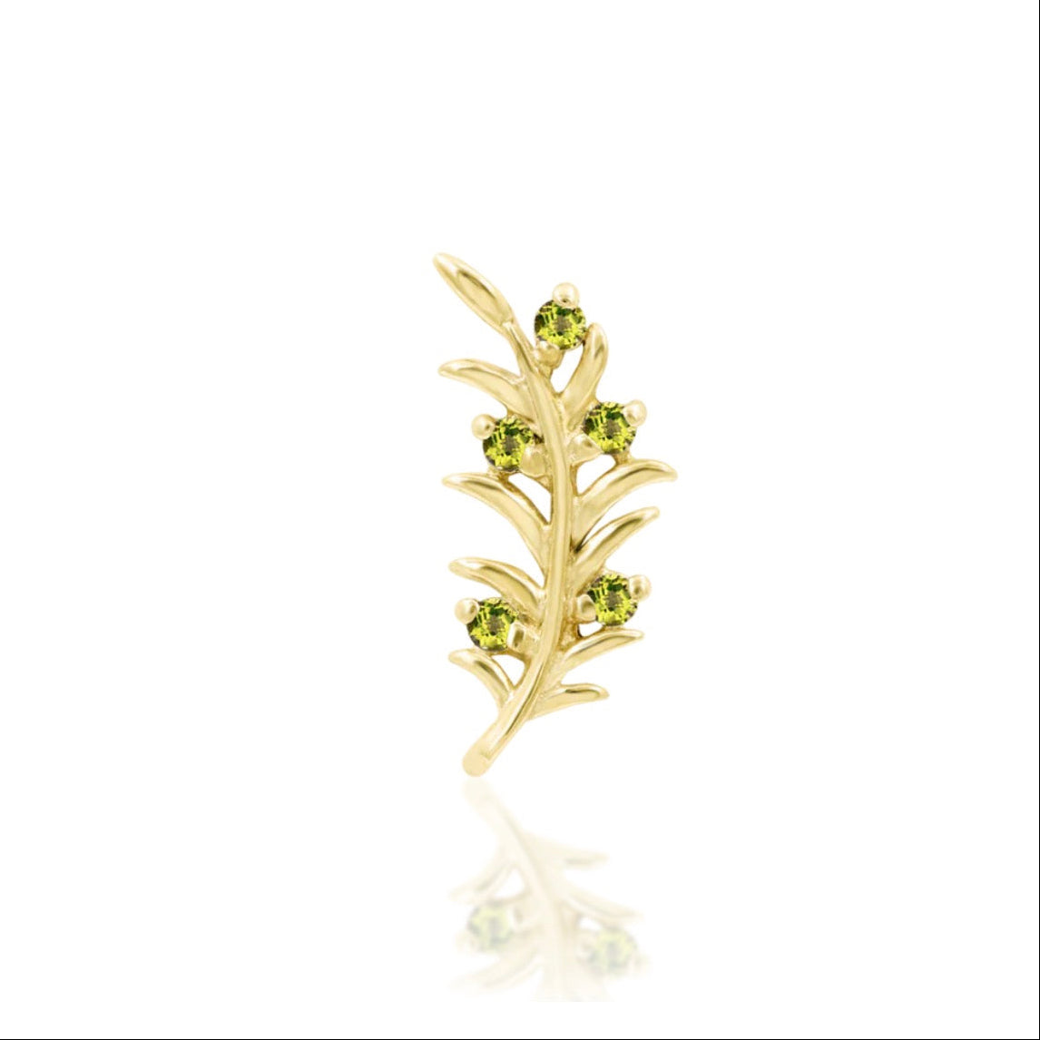 Peridot CZ cartilage earring in yellow gold with five petite green stones following a curved olive branch.