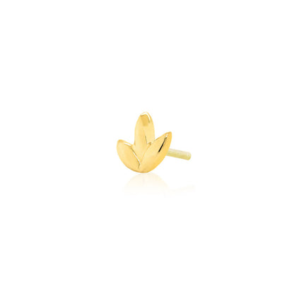 Petite botanical helix earring in solid yellow gold with three softly fanned leaves