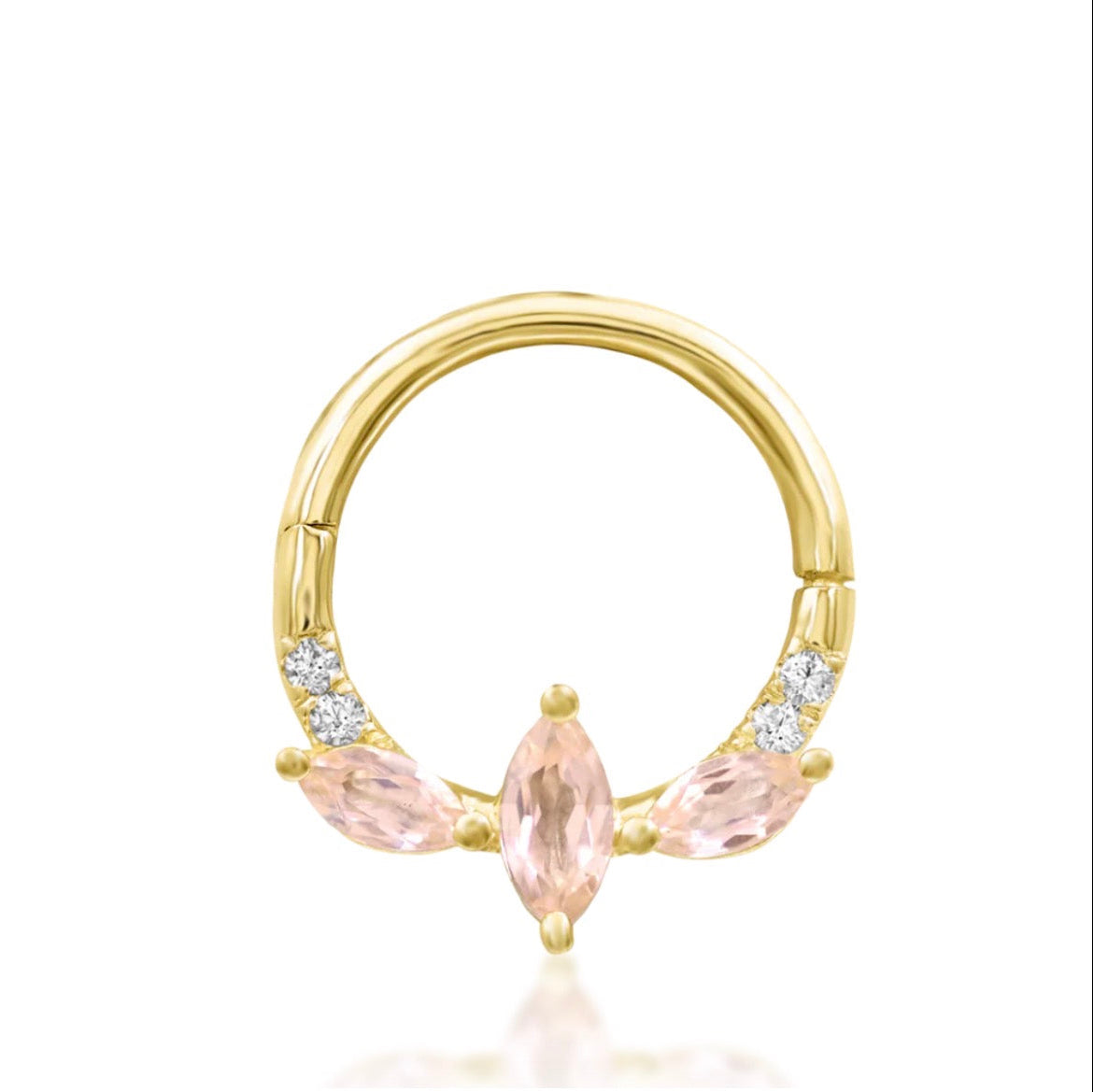 Pink champagne CZ daith ring in 14k yellow gold, featuring the warm blush and white gemstone arrangement of Junipurr Parisa\.