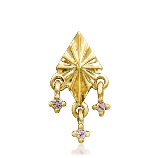 Junipurr Phina solid 14k yellow gold helix earring with three dangling Pink Champagne CZ stones