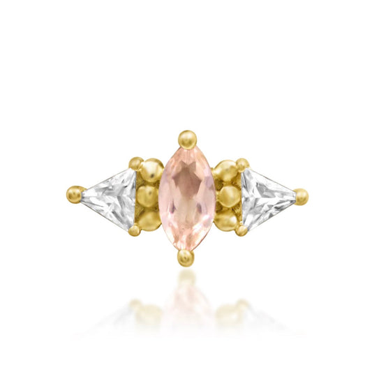 Pink Champagne flat earring in solid 14k yellow gold with one baguette-cut and two round cubic zirconia stones.