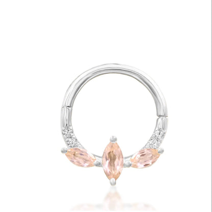 Pink crystal daith jewellery in 14k white gold, shown in the curved multi-stone Junipurr Parisa design.
