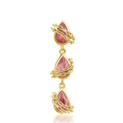 Junipurr Baddie dangle helix earring in solid 14k yellow gold with three linked Pink CZ teardrops