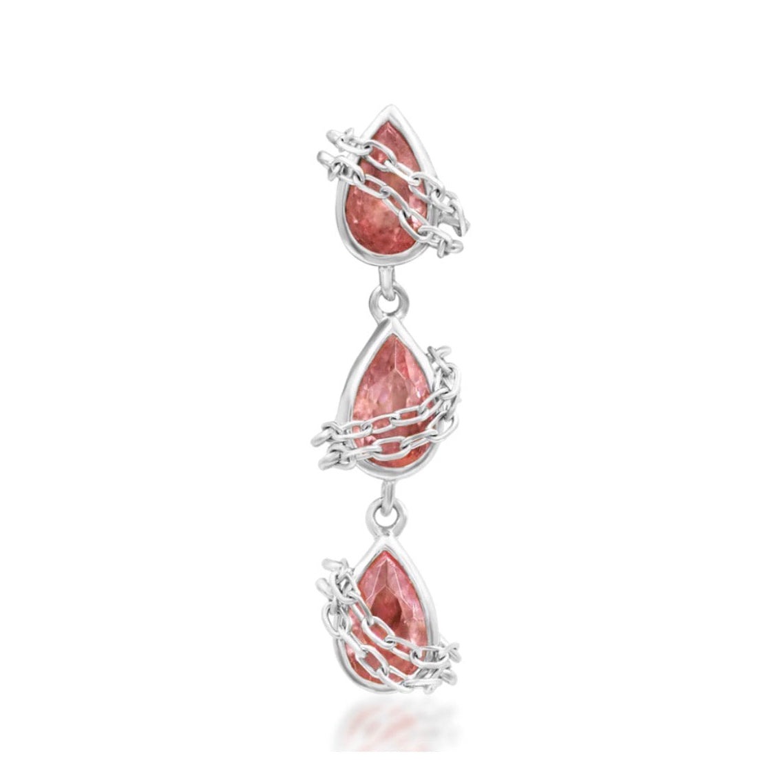 Cascading yellow gold flat earring with three linked faceted pink gemstone drops