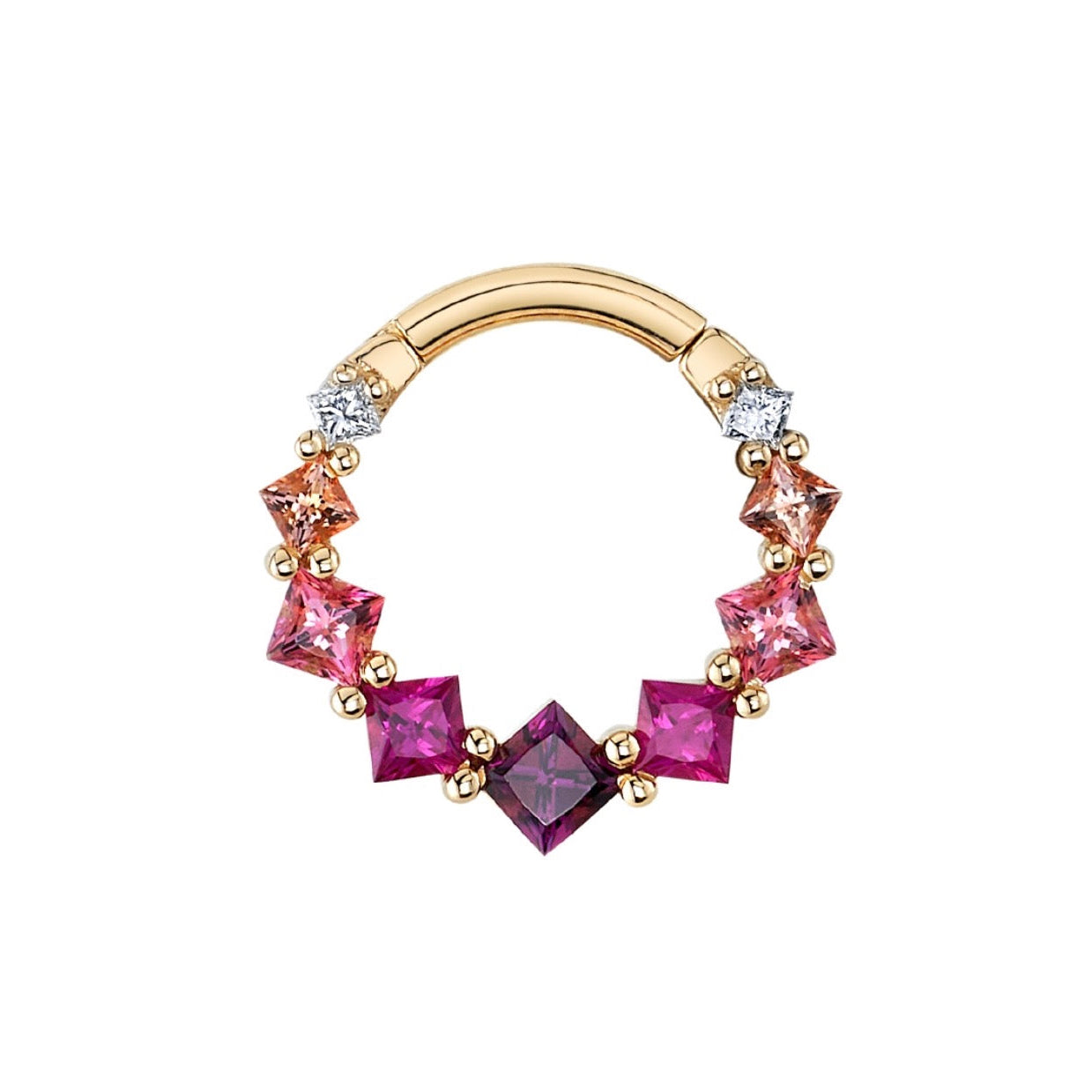 BVLA Graduating Tiffany yellow gold daith ring with Diamond, Peach Topaz, Pink Topaz, Hot Pink Sapphire and Rhodolite