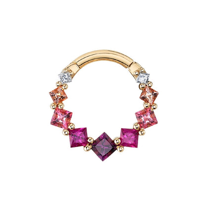 BVLA Graduating Tiffany yellow gold daith ring with Diamond, Peach Topaz, Pink Topaz, Hot Pink Sapphire and Rhodolite