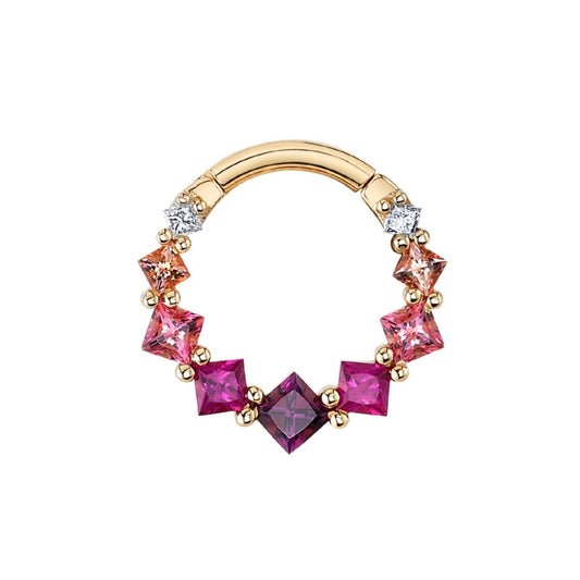 BVLA Graduating Tiffany yellow gold daith ring with Diamond, Peach Topaz, Pink Topaz, Hot Pink Sapphire and Rhodolite