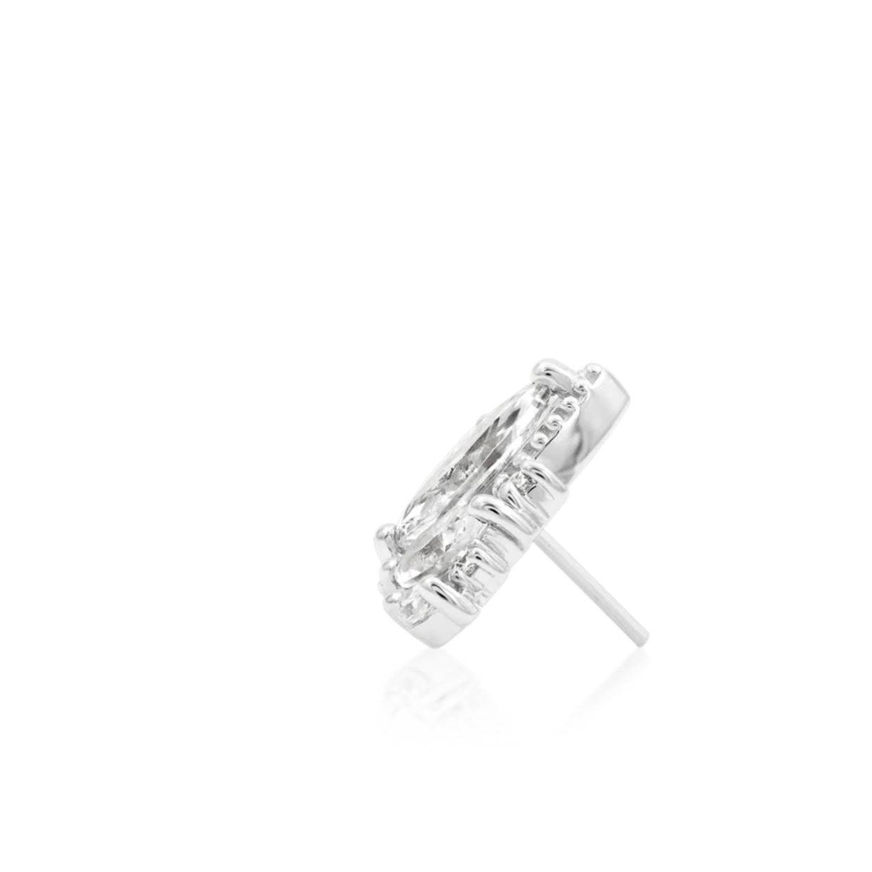 Side view of the Queen Naveen white gold threadless end showing its substantial sculptural profile