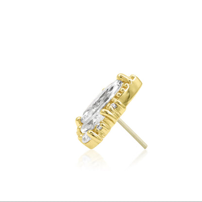 Side profile of Junipurr Queen Naveen showing its raised marquise CZ arrangement and gold beading