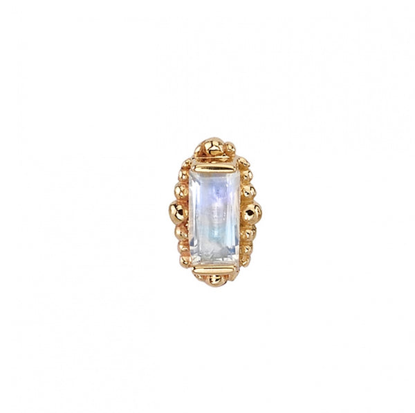 BVLA Beaded Baguette cartilage earring with faceted Rainbow Moonstone and intricate gold bead detailing