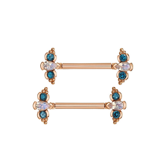 BVLA Mini Nikki Panaraya Narwhal rose gold nipple barbell with faceted Rainbow Moonstone and London Blue Topaz gemstones