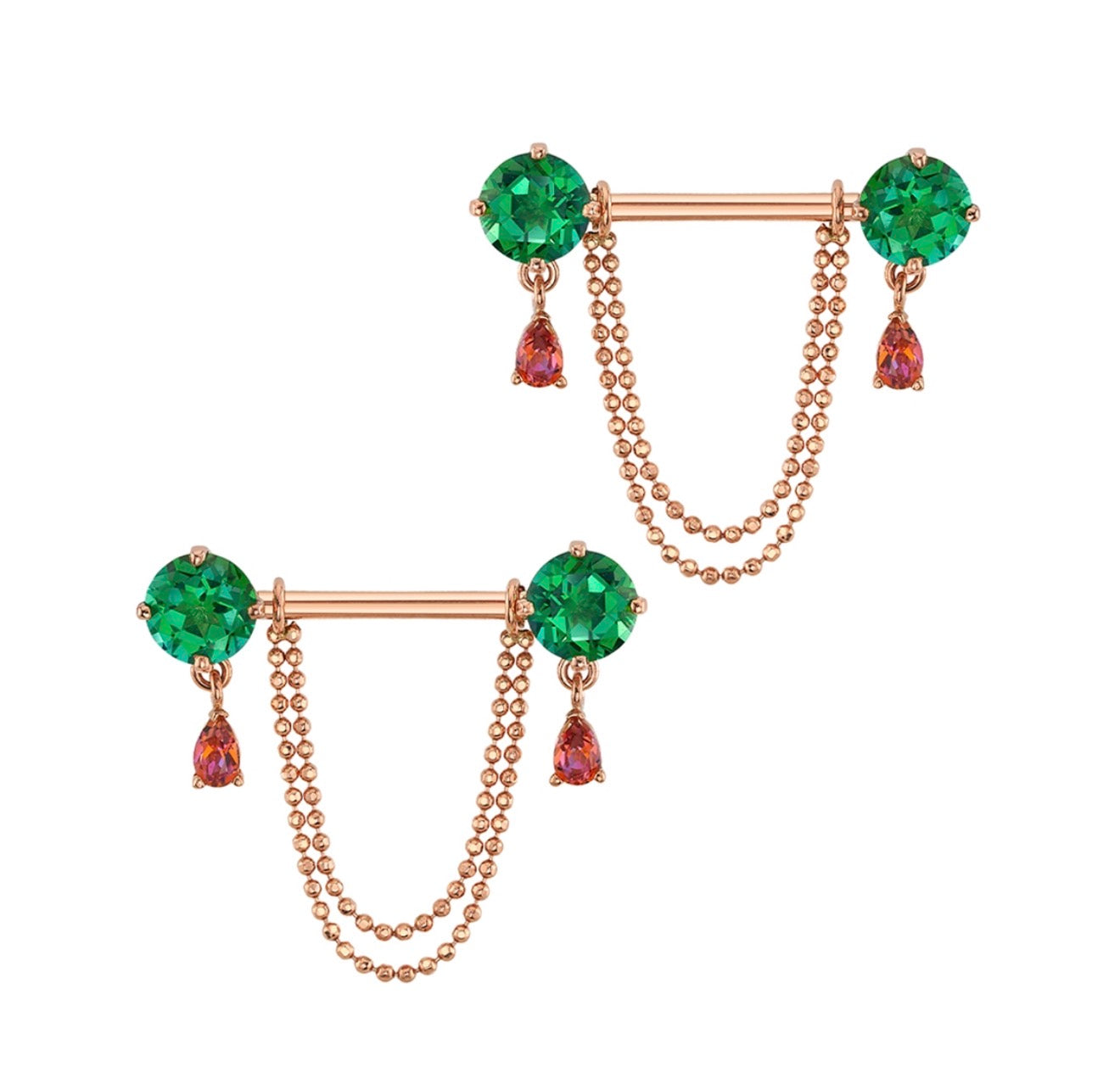 BVLA Antoinette rose gold nipple barbell with 6mm Rainforest Topaz, Anastasia Topaz pear dangles and chain
