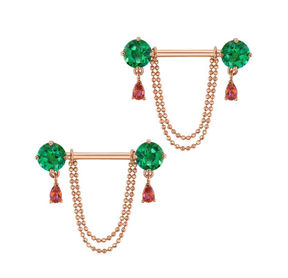 BVLA Antoinette rose gold nipple barbell with 6mm Rainforest Topaz, Anastasia Topaz pear dangles and chain