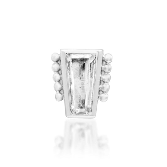 Rectangular gemstone earring in 14k white gold, featuring a baguette-cut CZ within an ornate beaded frame.