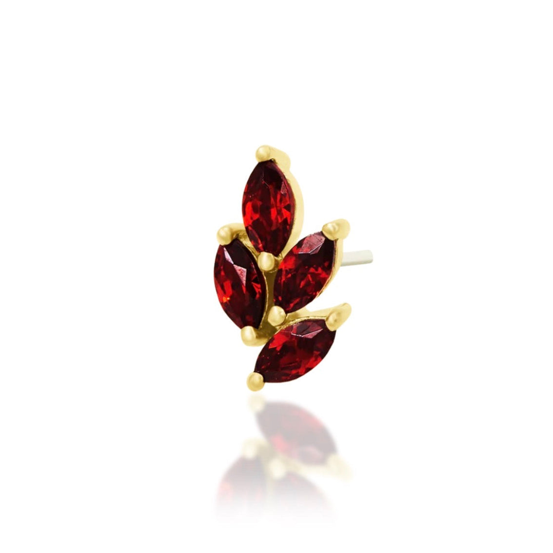 Red gemstone cartilage earring in yellow gold with four marquise-cut dark garnet CZ stones.