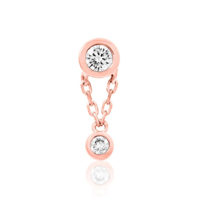 Rose gold cartilage dangle earring with two sparkling bezel-set CZ stones in solid 14k gold.