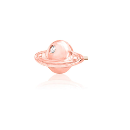 Rose gold cartilage stud with sculpted planetary rings and a 1mm CZ