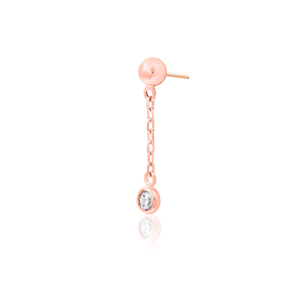 Rose gold chain cartilage earring with a polished ball end and delicate moving gemstone drop.
