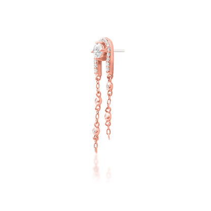 Rose gold helix earring with twin chain drops and white cubic zirconia