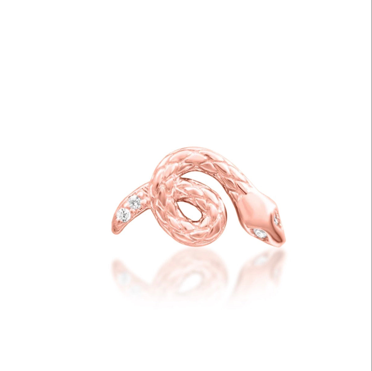 Junipurr Asmodeus coiled snake flat earring in solid 14k rose gold with white CZ accents