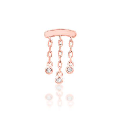 Rose gold CZ dangle earring with three articulated gemstones suspended beneath a solid 14k gold curve.

