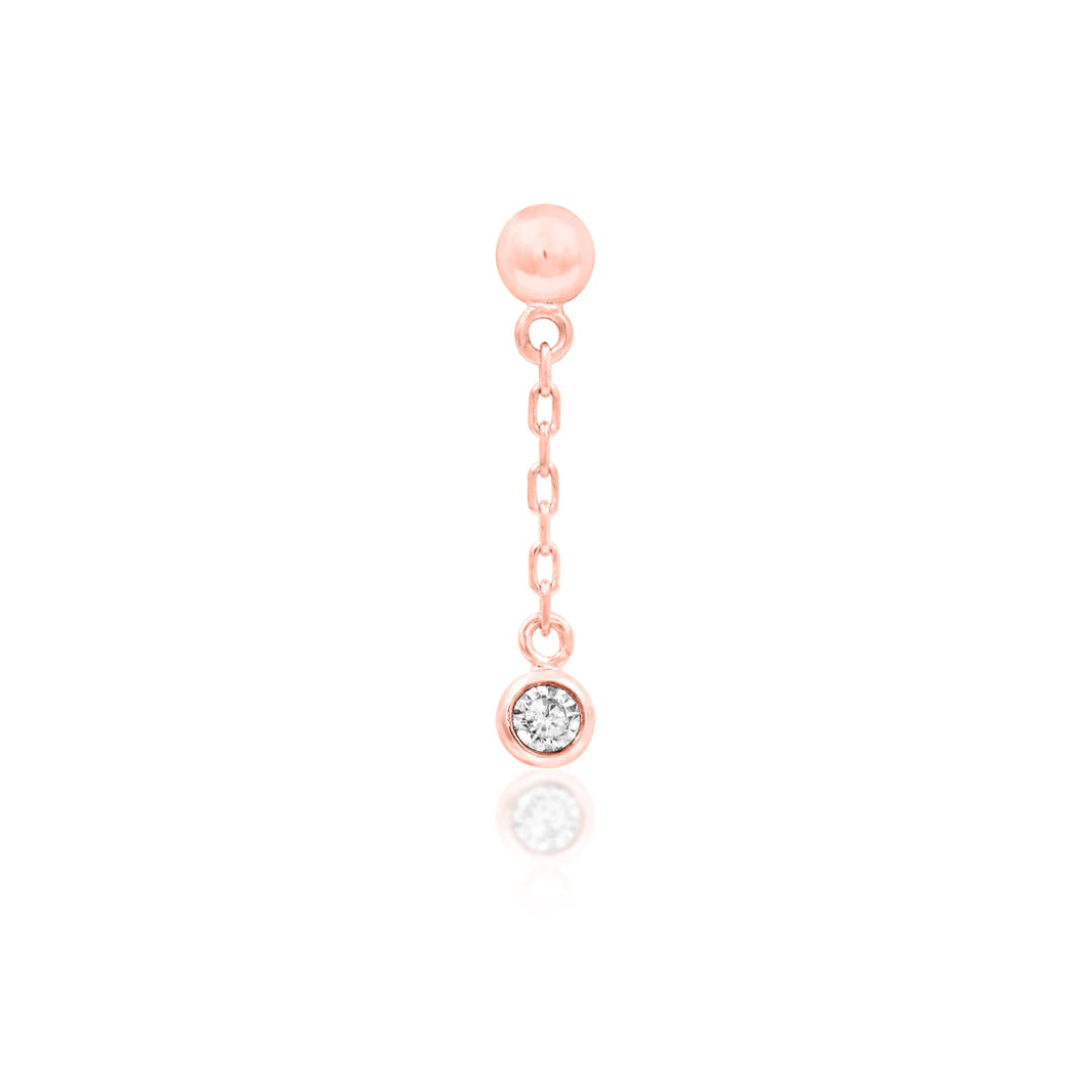 Rose gold CZ drop earring with a fine 14k gold chain and sparkling clear cubic zirconia.